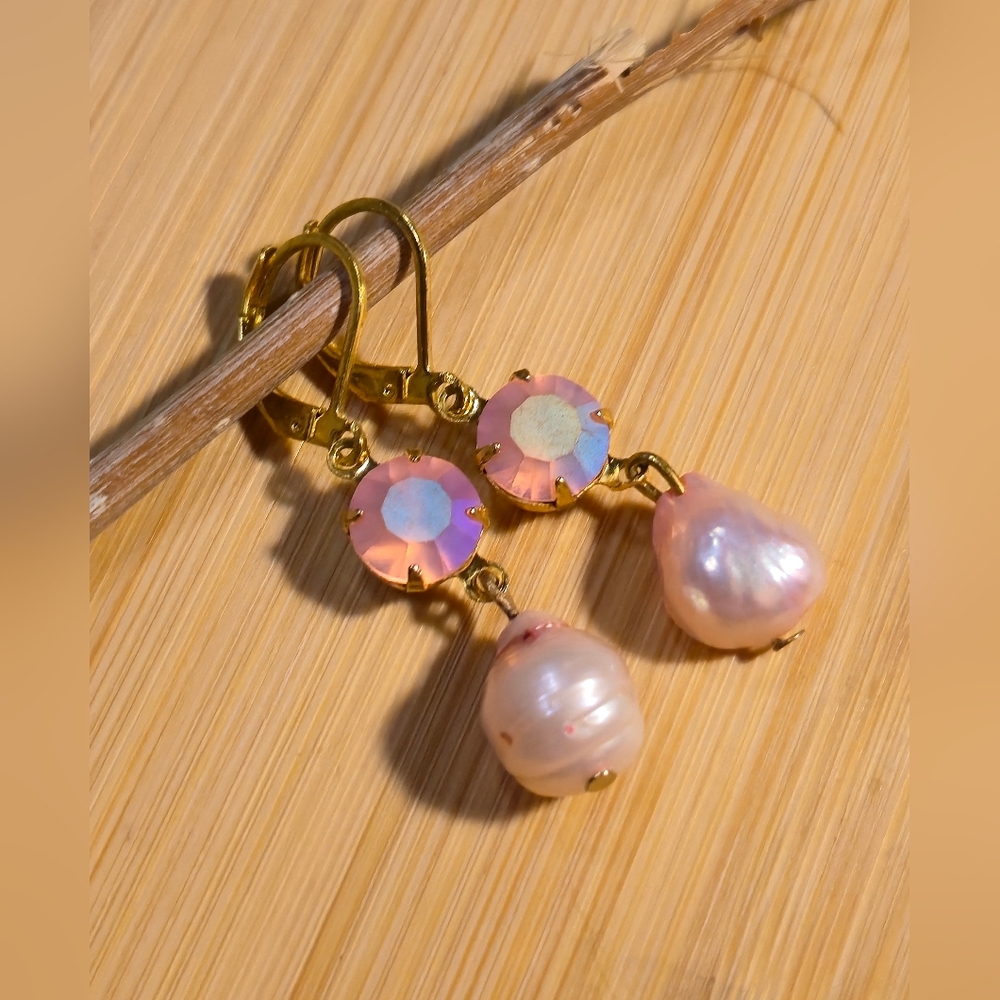 Glimmering Sultry Pink Swarovski Crystal & Pink Baroque Pearls In GP Earrings